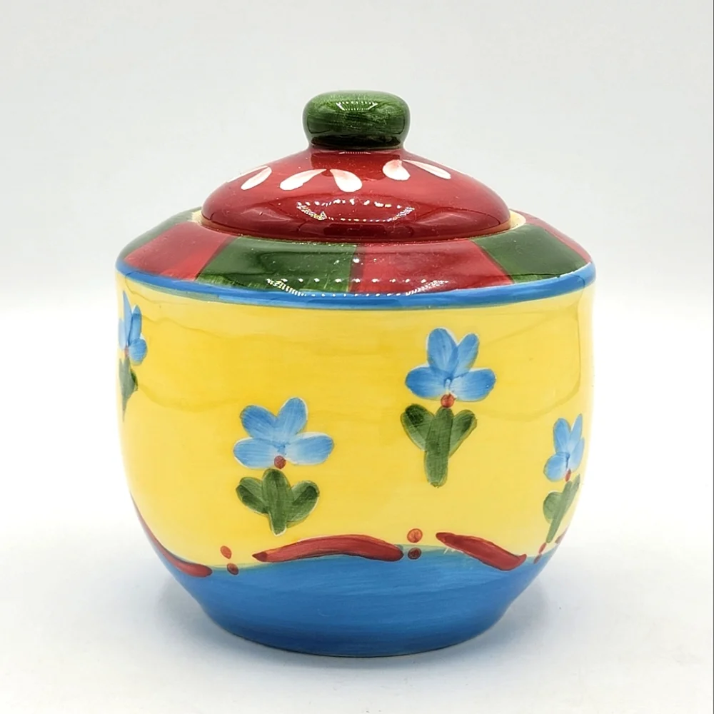 Dansk Taboo Saffron Hand Painted Floral Folk Art Sugar Bowl with Lid Vintage